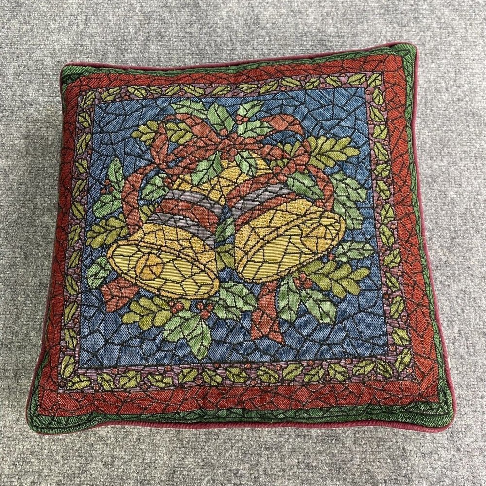 Vintage 90s Riverdale Christmas Tapestry Throw Pillow Bells Ornaments‎ 16x16 USA